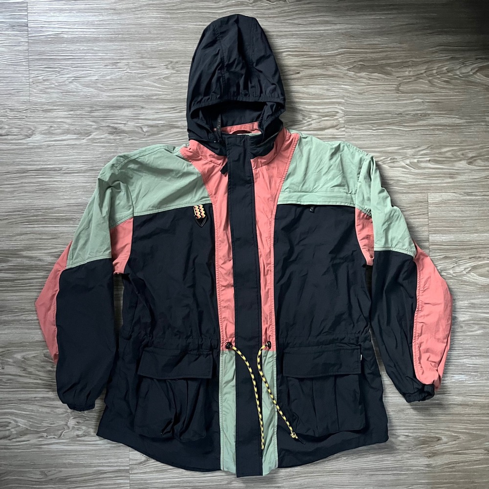 Fabletics Men XL Colorblock Windbreaker Anorak Jacket Black Pink Green JT2356044